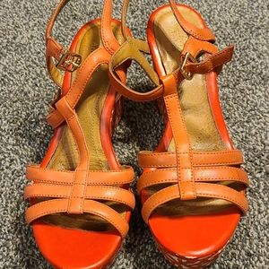 • Clarks Amelia Avery Orange & Cream Wedge Shoes •